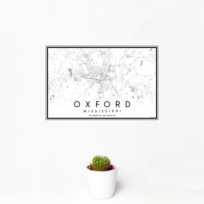 12x18 Oxford Mississippi Map Print Landscape Orientation in Classic Style With Small Cactus Plant in White Planter