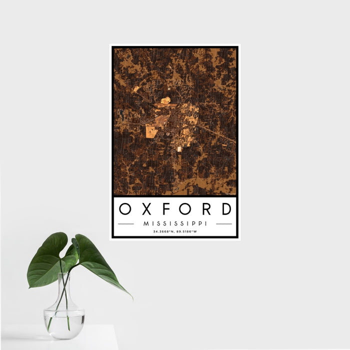 16x24 Oxford Mississippi Map Print Portrait Orientation in Ember Style With Tropical Plant Leaves in Water