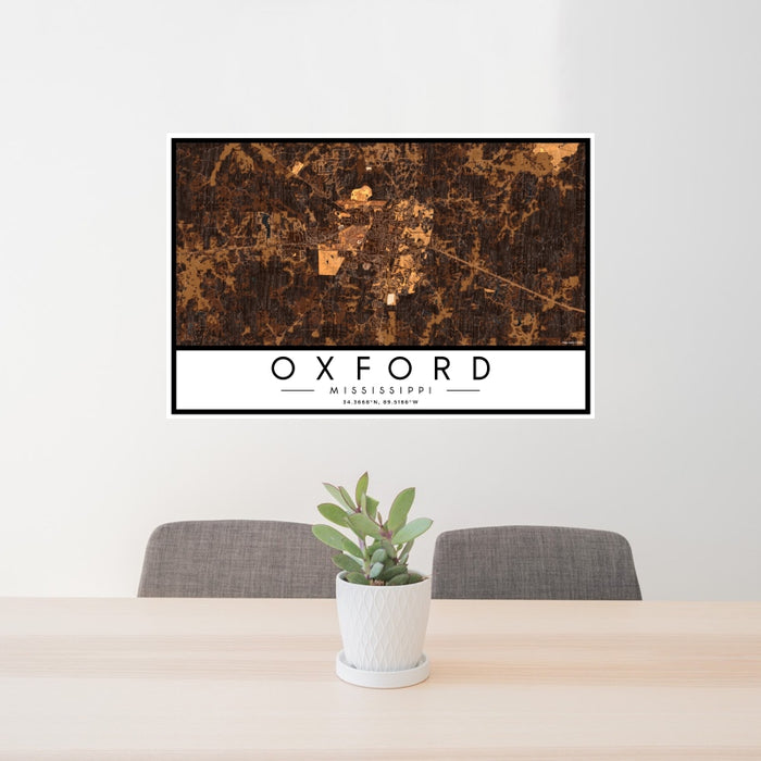 24x36 Oxford Mississippi Map Print Landscape Orientation in Ember Style Behind 2 Chairs Table and Potted Plant