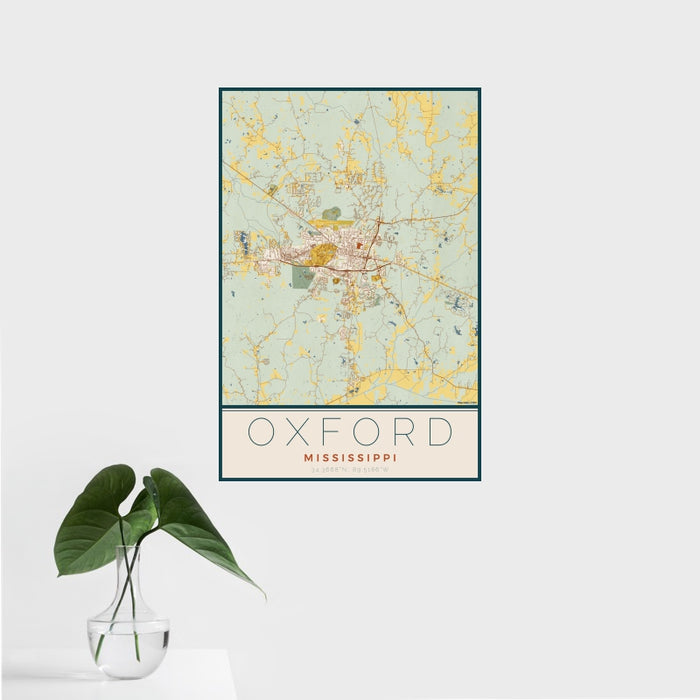 16x24 Oxford Mississippi Map Print Portrait Orientation in Woodblock Style With Tropical Plant Leaves in Water
