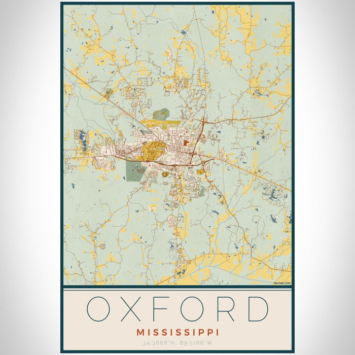 Oxford Mississippi Map Print Portrait Orientation in Woodblock Style With Shaded Background
