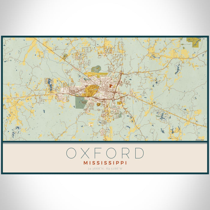 Oxford Mississippi Map Print Landscape Orientation in Woodblock Style With Shaded Background