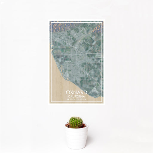 12x18 Oxnard California Map Print Portrait Orientation in Afternoon Style With Small Cactus Plant in White Planter
