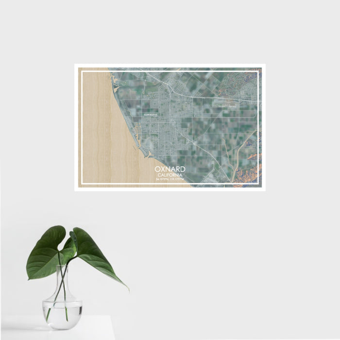 16x24 Oxnard California Map Print Landscape Orientation in Afternoon Style With Tropical Plant Leaves in Water