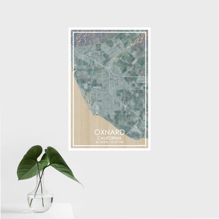 16x24 Oxnard California Map Print Portrait Orientation in Afternoon Style With Tropical Plant Leaves in Water