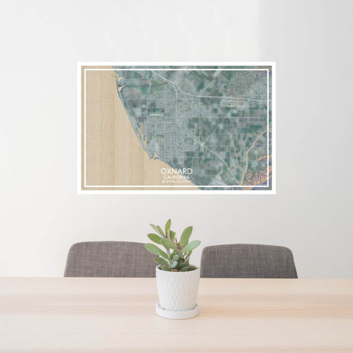 24x36 Oxnard California Map Print Lanscape Orientation in Afternoon Style Behind 2 Chairs Table and Potted Plant