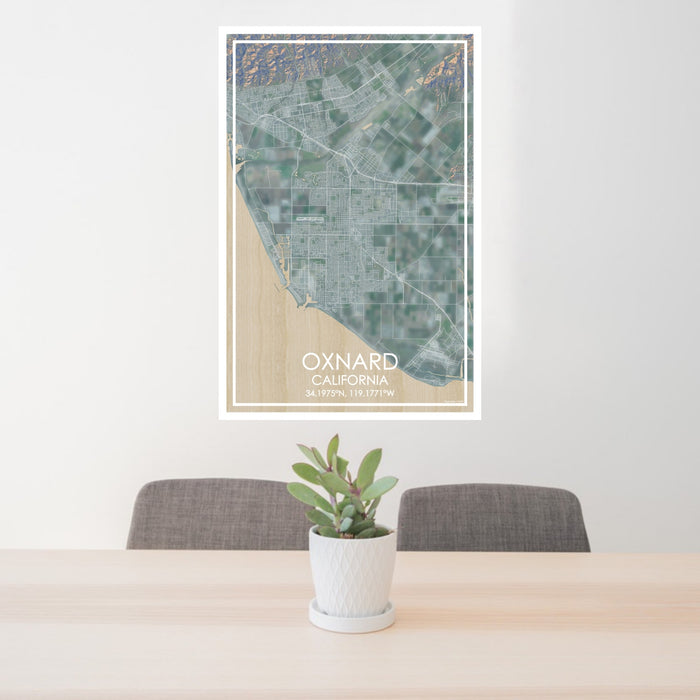 24x36 Oxnard California Map Print Portrait Orientation in Afternoon Style Behind 2 Chairs Table and Potted Plant