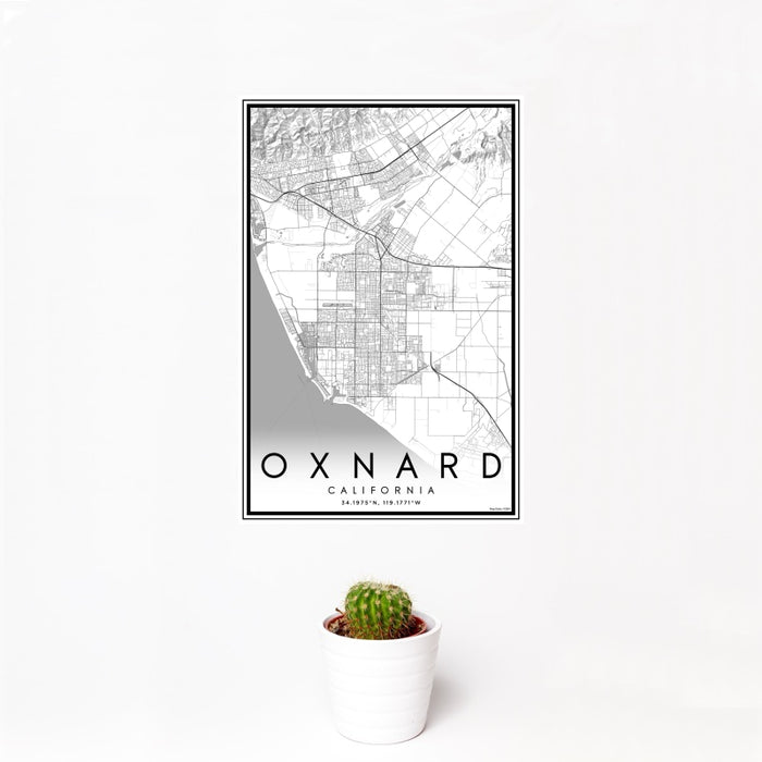 12x18 Oxnard California Map Print Portrait Orientation in Classic Style With Small Cactus Plant in White Planter