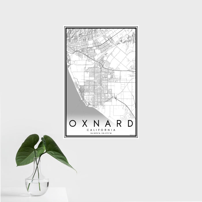 16x24 Oxnard California Map Print Portrait Orientation in Classic Style With Tropical Plant Leaves in Water