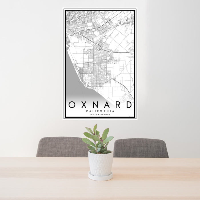 24x36 Oxnard California Map Print Portrait Orientation in Classic Style Behind 2 Chairs Table and Potted Plant