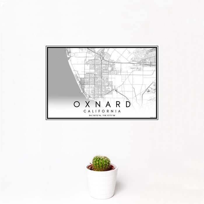 12x18 Oxnard California Map Print Landscape Orientation in Classic Style With Small Cactus Plant in White Planter