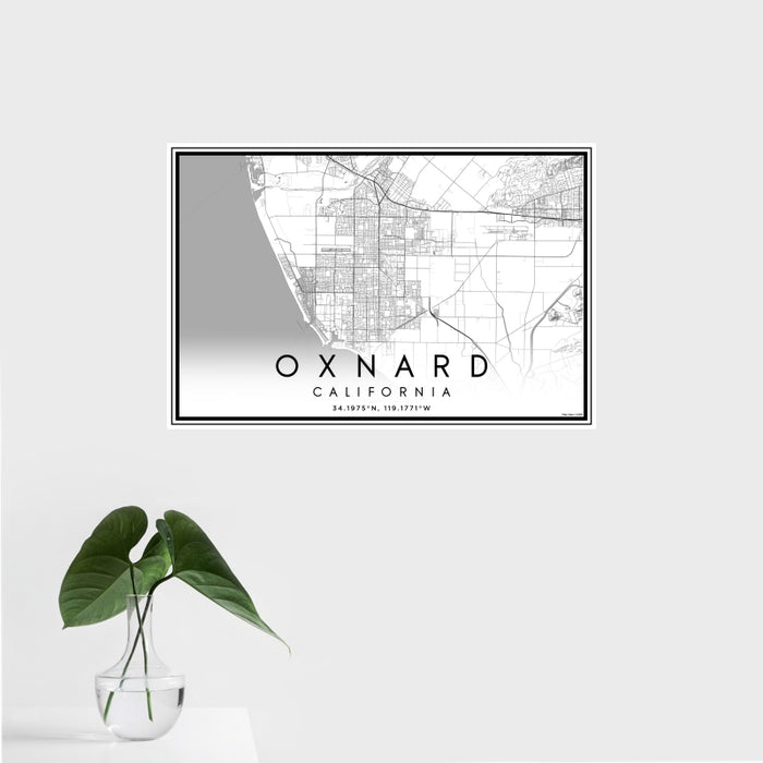 16x24 Oxnard California Map Print Landscape Orientation in Classic Style With Tropical Plant Leaves in Water