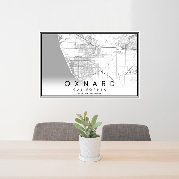 24x36 Oxnard California Map Print Landscape Orientation in Classic Style Behind 2 Chairs Table and Potted Plant