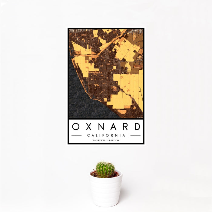 12x18 Oxnard California Map Print Portrait Orientation in Ember Style With Small Cactus Plant in White Planter