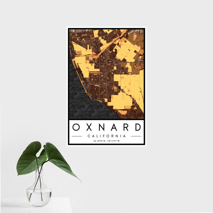 16x24 Oxnard California Map Print Portrait Orientation in Ember Style With Tropical Plant Leaves in Water