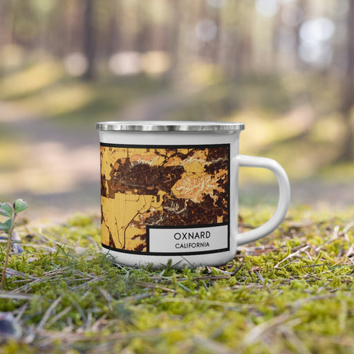 Right View Custom Oxnard California Map Enamel Mug in Ember on Grass With Trees in Background