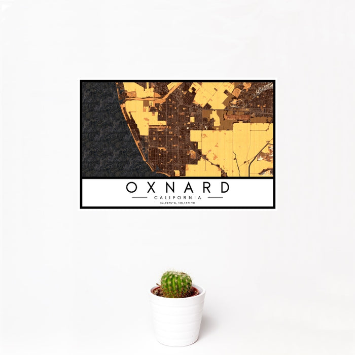 12x18 Oxnard California Map Print Landscape Orientation in Ember Style With Small Cactus Plant in White Planter