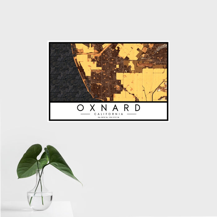 16x24 Oxnard California Map Print Landscape Orientation in Ember Style With Tropical Plant Leaves in Water