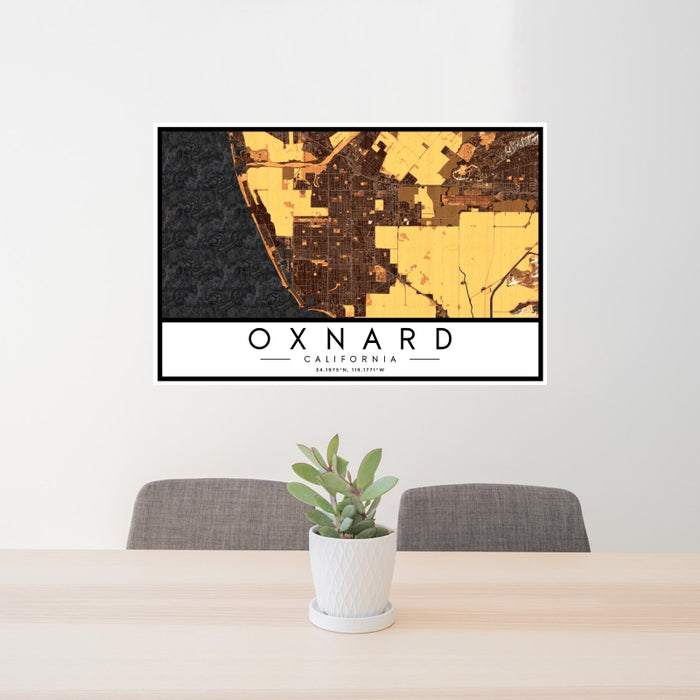 24x36 Oxnard California Map Print Landscape Orientation in Ember Style Behind 2 Chairs Table and Potted Plant