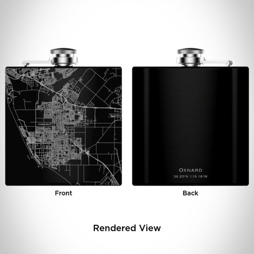 Rendered View of Oxnard California Map Engraving on 6oz Stainless Steel Flask in Black