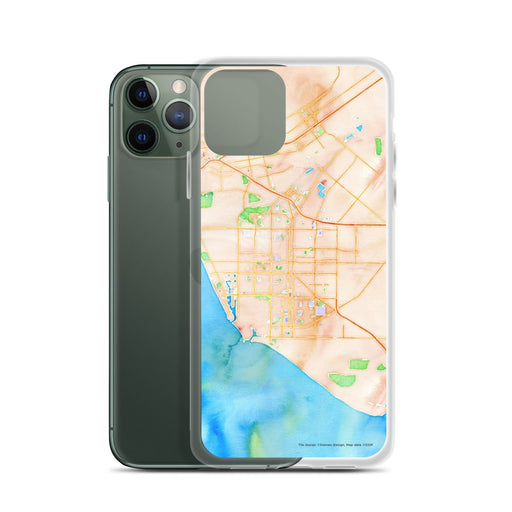 Custom Oxnard California Map Phone Case in Watercolor on Table with Laptop and Plant