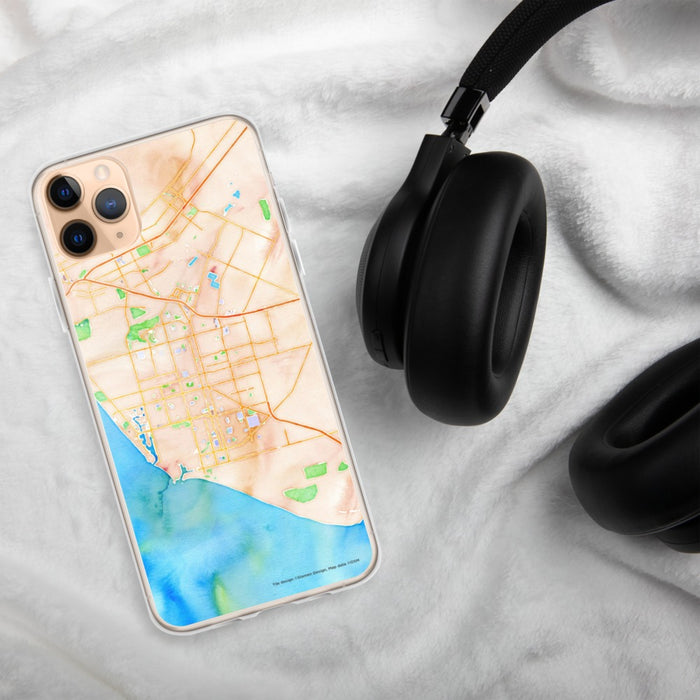 Custom Oxnard California Map Phone Case in Watercolor on Table with Black Headphones