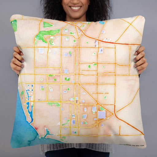 Person holding 22x22 Custom Oxnard California Map Throw Pillow in Watercolor