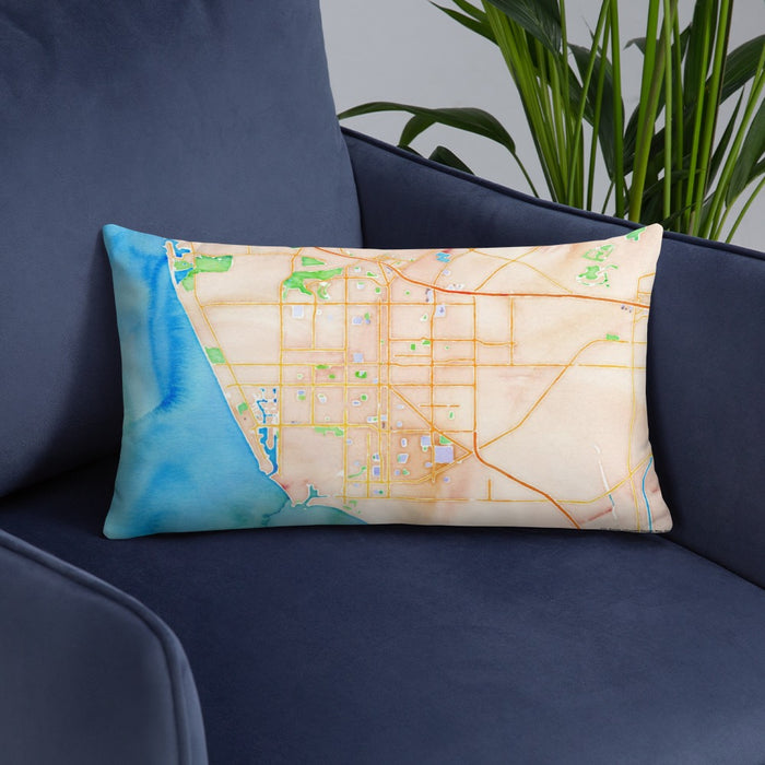 Custom Oxnard California Map Throw Pillow in Watercolor on Blue Colored Chair
