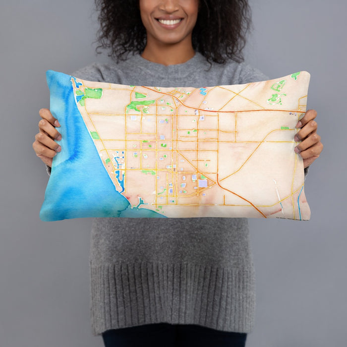 Person holding 20x12 Custom Oxnard California Map Throw Pillow in Watercolor
