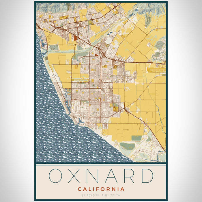 Oxnard California Map Print Portrait Orientation in Woodblock Style With Shaded Background
