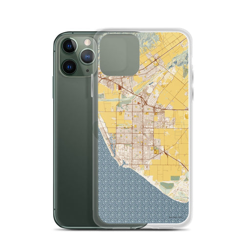Custom Oxnard California Map Phone Case in Woodblock on Table with Laptop and Plant