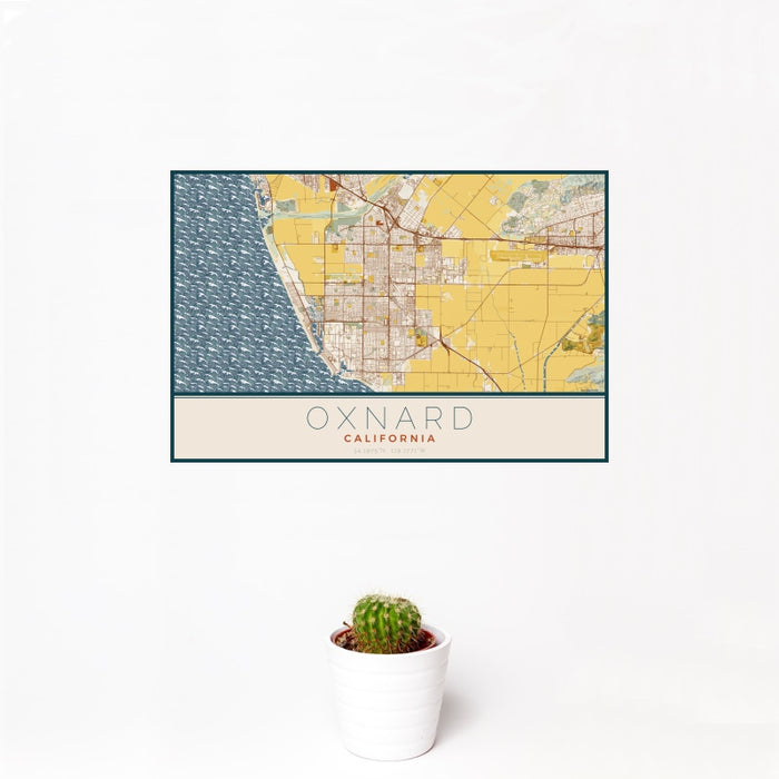 12x18 Oxnard California Map Print Landscape Orientation in Woodblock Style With Small Cactus Plant in White Planter