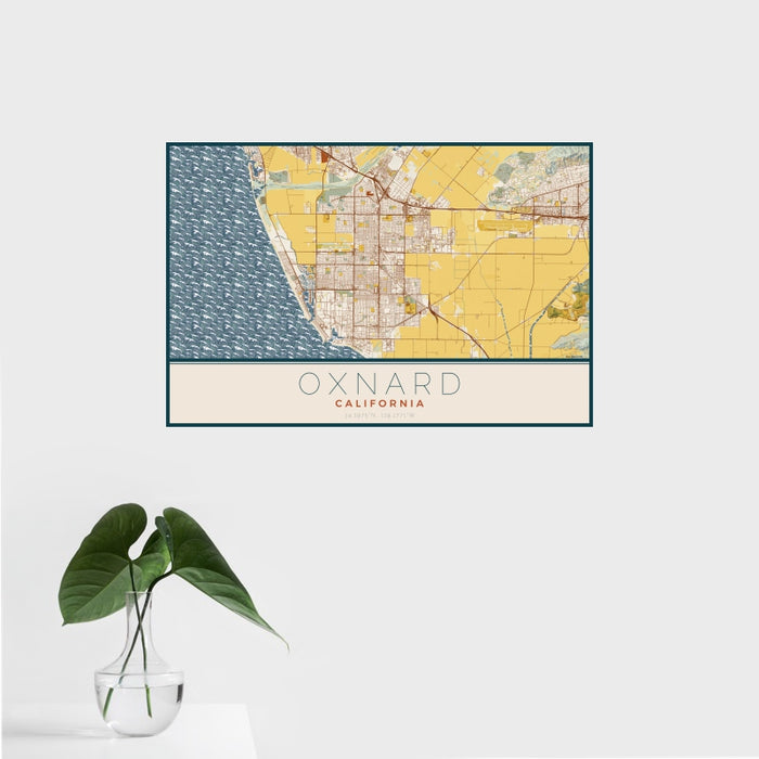 16x24 Oxnard California Map Print Landscape Orientation in Woodblock Style With Tropical Plant Leaves in Water
