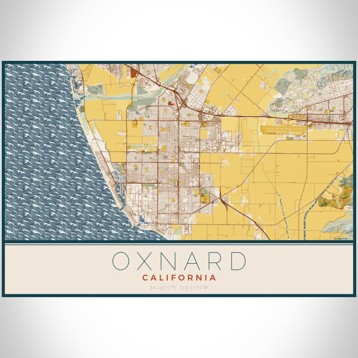 Oxnard California Map Print Landscape Orientation in Woodblock Style With Shaded Background