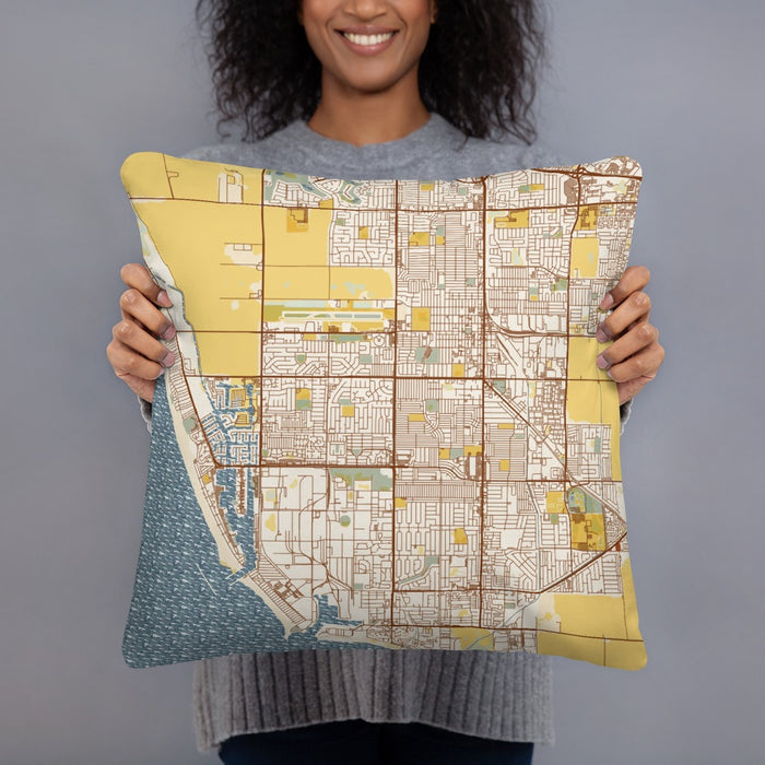 Person holding 18x18 Custom Oxnard California Map Throw Pillow in Woodblock