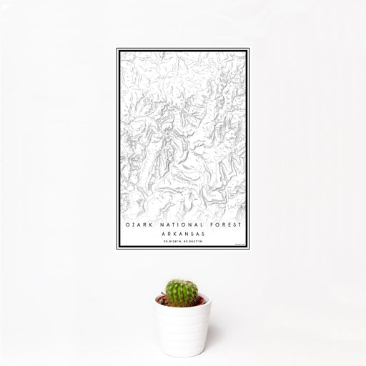 12x18 Ozark National Forest Arkansas Map Print Portrait Orientation in Classic Style With Small Cactus Plant in White Planter