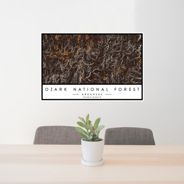 24x36 Ozark National Forest Arkansas Map Print Lanscape Orientation in Ember Style Behind 2 Chairs Table and Potted Plant