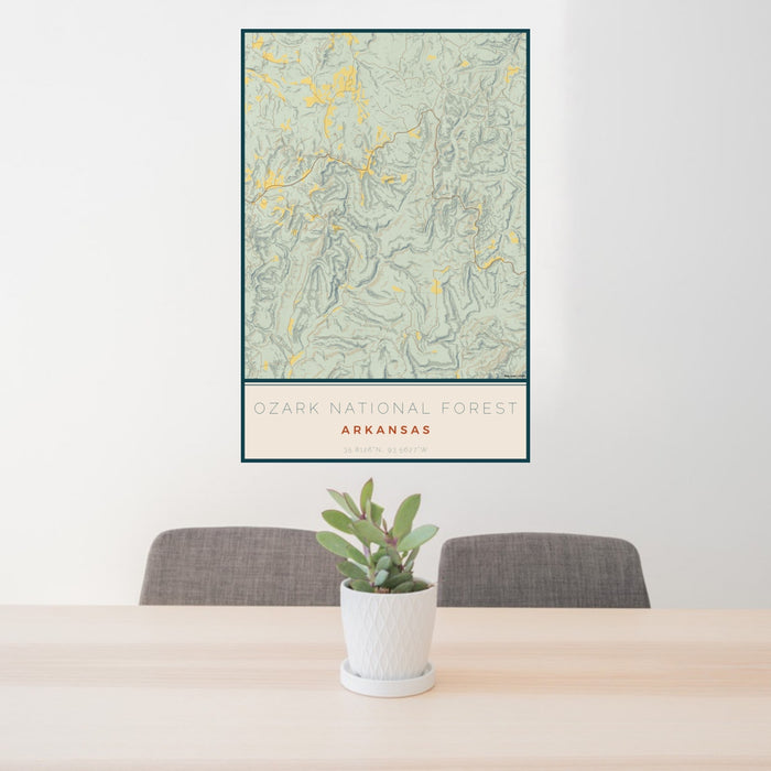 24x36 Ozark National Forest Arkansas Map Print Portrait Orientation in Woodblock Style Behind 2 Chairs Table and Potted Plant