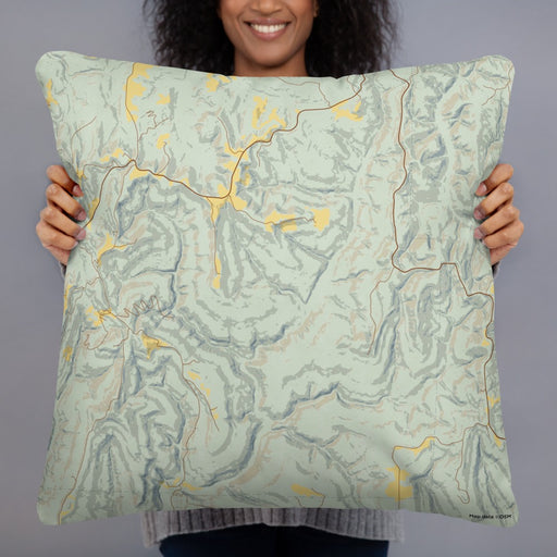 Person holding 22x22 Custom Ozark National Forest Arkansas Map Throw Pillow in Woodblock