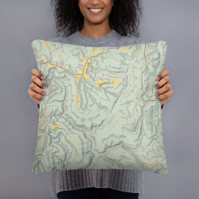 Person holding 18x18 Custom Ozark National Forest Arkansas Map Throw Pillow in Woodblock