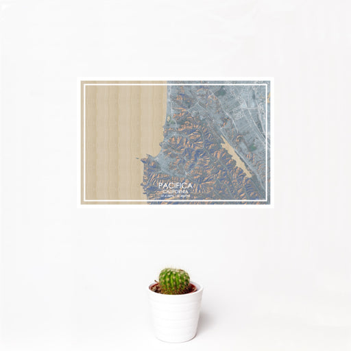 12x18 Pacifica California Map Print Landscape Orientation in Afternoon Style With Small Cactus Plant in White Planter