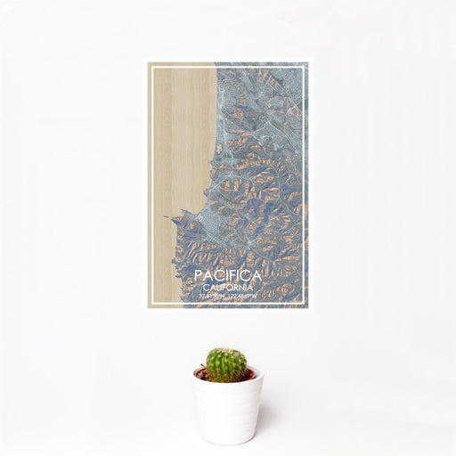 12x18 Pacifica California Map Print Portrait Orientation in Afternoon Style With Small Cactus Plant in White Planter