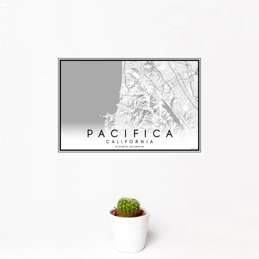 12x18 Pacifica California Map Print Landscape Orientation in Classic Style With Small Cactus Plant in White Planter