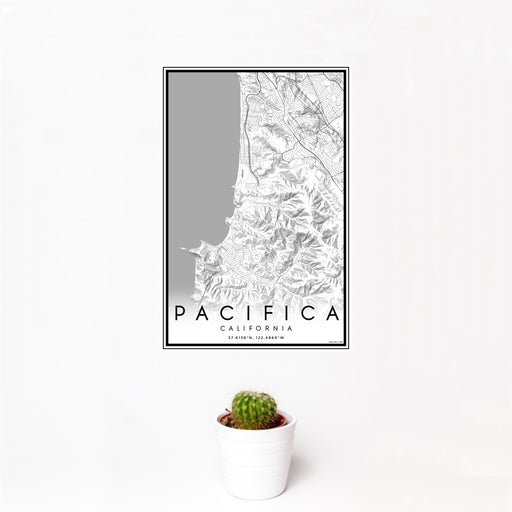 12x18 Pacifica California Map Print Portrait Orientation in Classic Style With Small Cactus Plant in White Planter