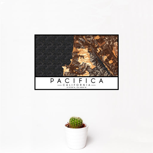 12x18 Pacifica California Map Print Landscape Orientation in Ember Style With Small Cactus Plant in White Planter
