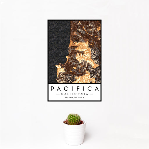 12x18 Pacifica California Map Print Portrait Orientation in Ember Style With Small Cactus Plant in White Planter
