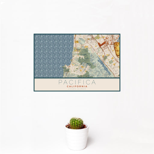12x18 Pacifica California Map Print Landscape Orientation in Woodblock Style With Small Cactus Plant in White Planter