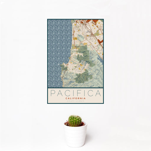 12x18 Pacifica California Map Print Portrait Orientation in Woodblock Style With Small Cactus Plant in White Planter