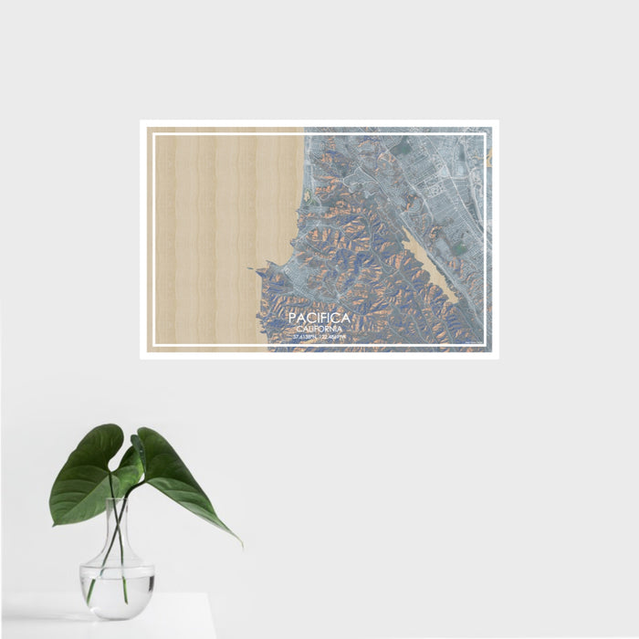 16x24 Pacifica California Map Print Landscape Orientation in Afternoon Style With Tropical Plant Leaves in Water