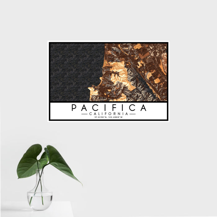 16x24 Pacifica California Map Print Landscape Orientation in Ember Style With Tropical Plant Leaves in Water